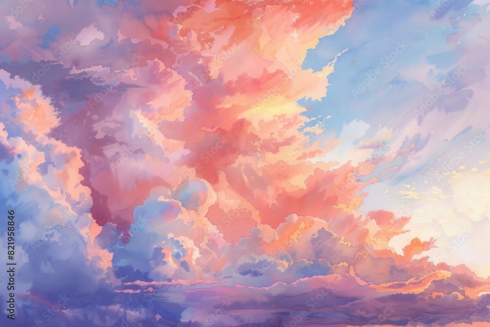 Poster a serene painting of a cloudy sky with a boat in the water. suitable for various design projects