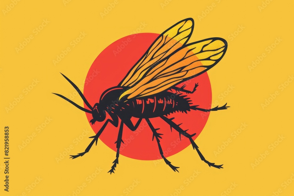 Poster a fly insect on a yellow background with a red sun. suitable for nature and environmental themes