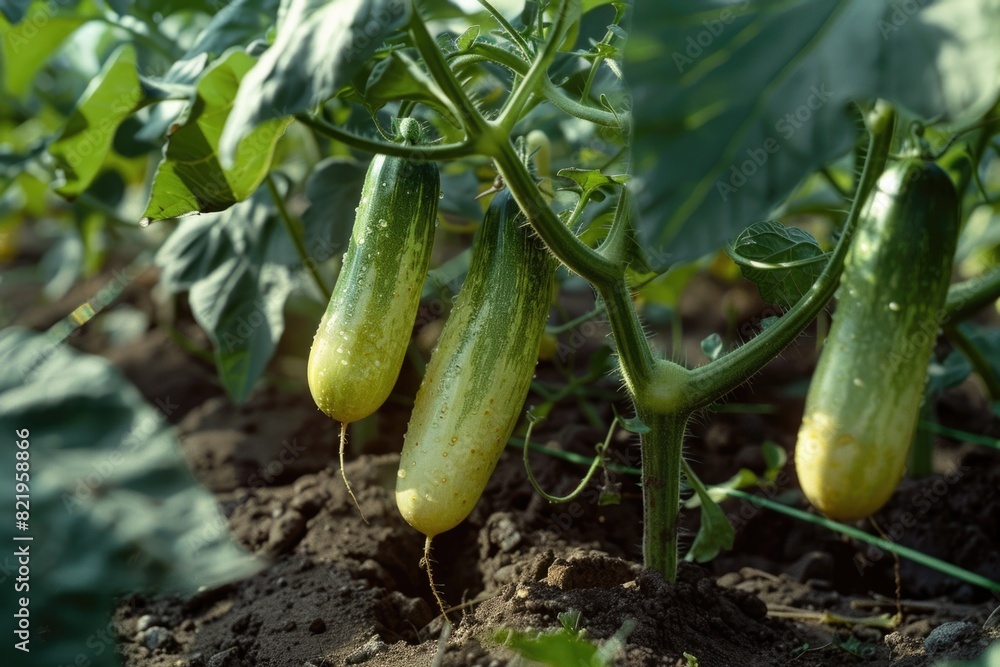 Poster group of cucumbers growing on a plant. ideal for agriculture concepts