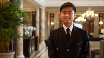Fototapeta premium In the elegant lobby of a luxury hotel, a young porter greets guests with a smile on his face, ready to offer help at any time.