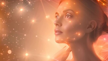 Creative trend collage of attractive woman touch neck artificial intelligence scanning face brown color background  - Powered by Adobe