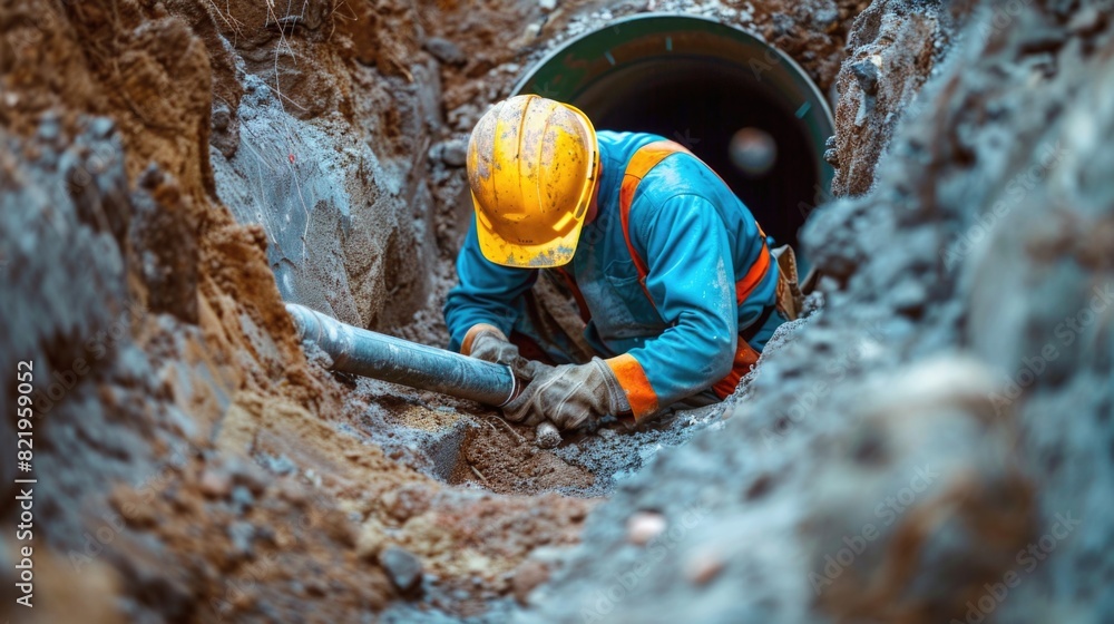 Poster a man in a hard hat working on a pipe. suitable for construction industry projects