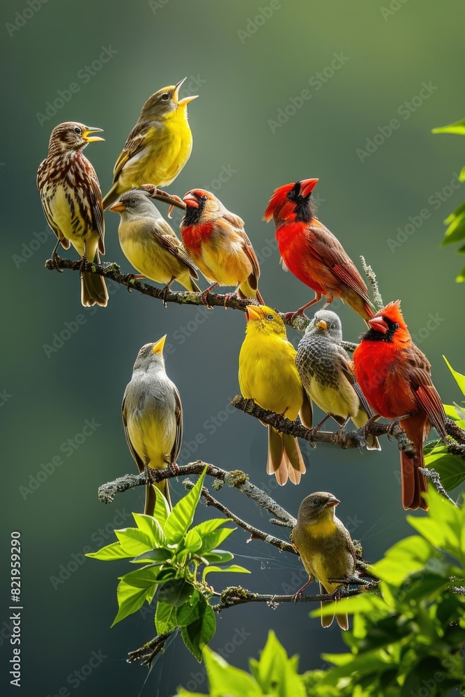 Poster group of birds perched on a tree branch, suitable for nature and wildlife concepts