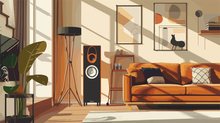 Modern loudspeakers on stepladder stool near sofa in