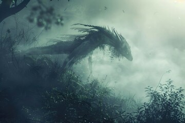 A majestic dragon surrounded by mist in a dense forest. Suitable for fantasy themes