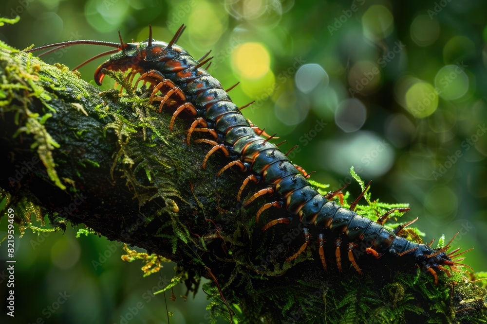 Poster Detailed close-up of a bug on a tree branch. Suitable for nature and wildlife themes