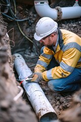 A man in a hard hat working on a pipe. Suitable for construction and plumbing concepts