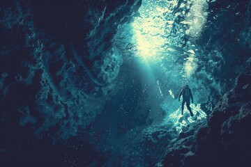 Person standing on a surfboard in a cave. Suitable for adventure sports concept