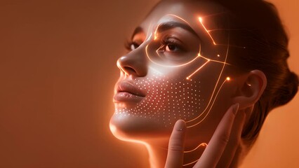 Creative trend collage of attractive woman touch neck artificial intelligence scanning face brown color background  - Powered by Adobe