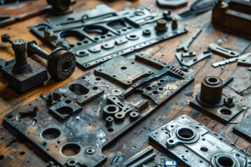 Various metal parts scattered on a wooden table, suitable for industrial and construction concepts