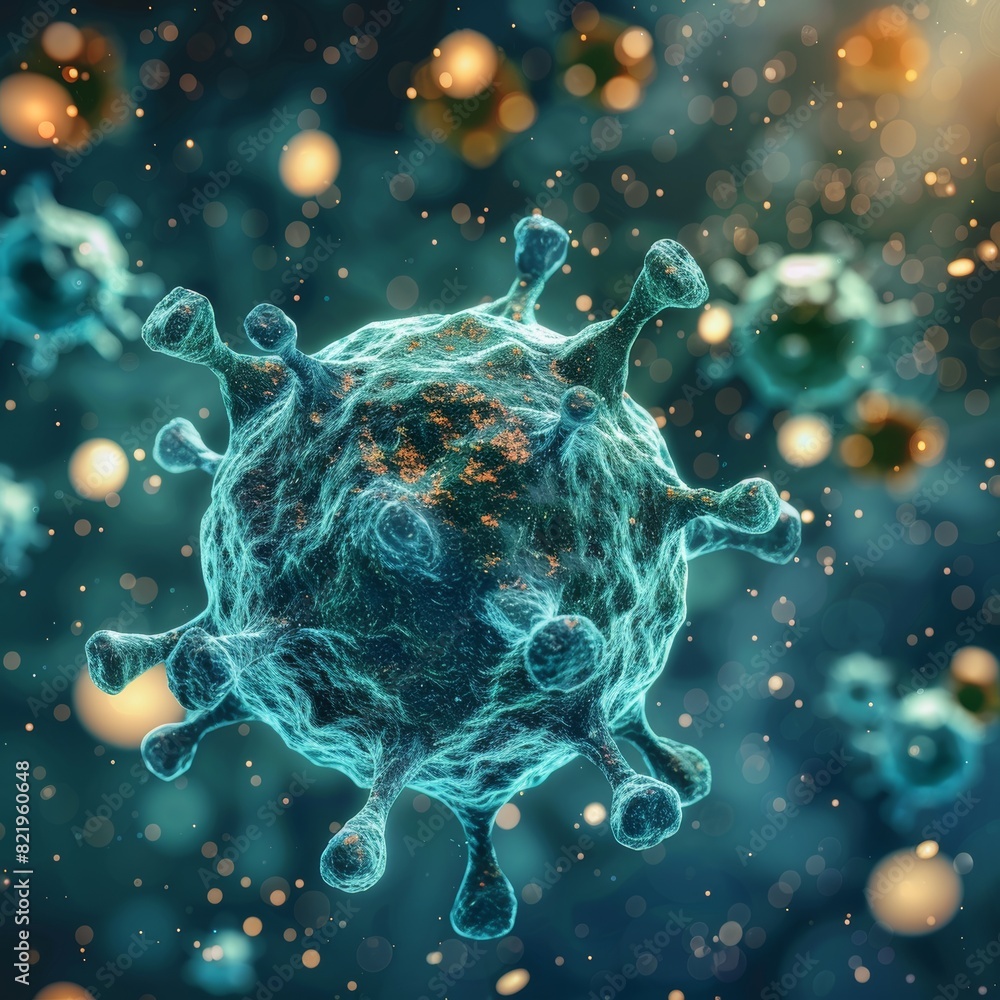 Poster close up of bacteria and virus cells in lab setting with vibrant blurred background
