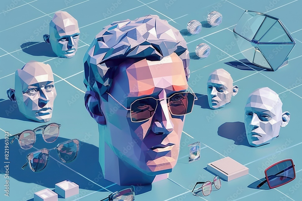 Poster Close-up of a man's face with various objects around him. Suitable for business or technology concepts
