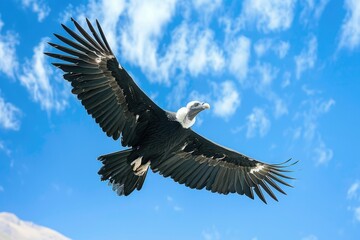 A large bird flying through a clear blue sky. Suitable for nature and freedom concepts