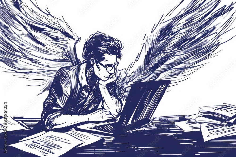 Poster a man sitting at a desk with a laptop computer, suitable for business concepts