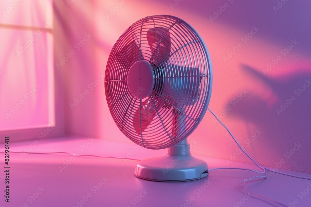 Poster a fan sitting on a table next to a window. ideal for home decor concepts