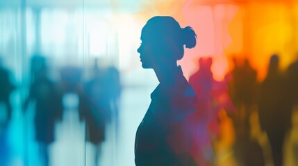 A silhouette of a woman in profile set against a colorful blurred background in an abstract setting, portraying a sense of motion and urban life.