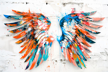 Two painting wings covered in vibrant colorful splatters on a white wall. Grunge and graffiti style. Design element