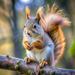 a squirrel with a realistic fluffy tail sits on a