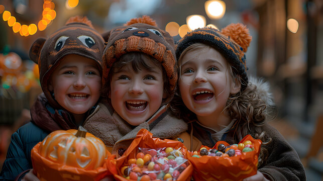 A group of children laughing and comparing their Halloween candy hauls under a streetlight, with Bokeh