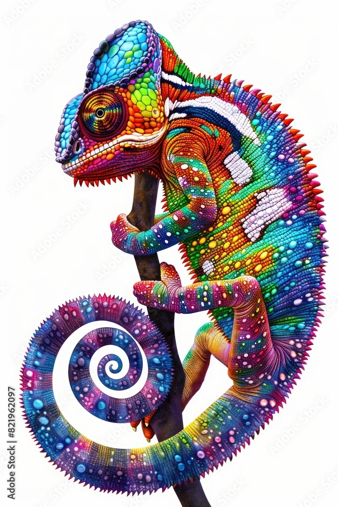Poster a vibrant chameleon perched on a tree branch. suitable for nature and wildlife themes