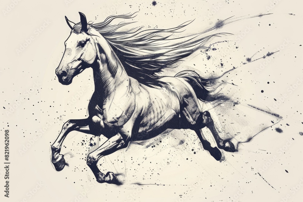 Poster a black and white drawing of a running horse. suitable for various design projects