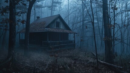 A cabin in the middle of a dark forest. Suitable for nature and mystery themes - Powered by Adobe