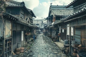 Naklejka premium Vintage cobblestone street with historic buildings, perfect for travel brochures