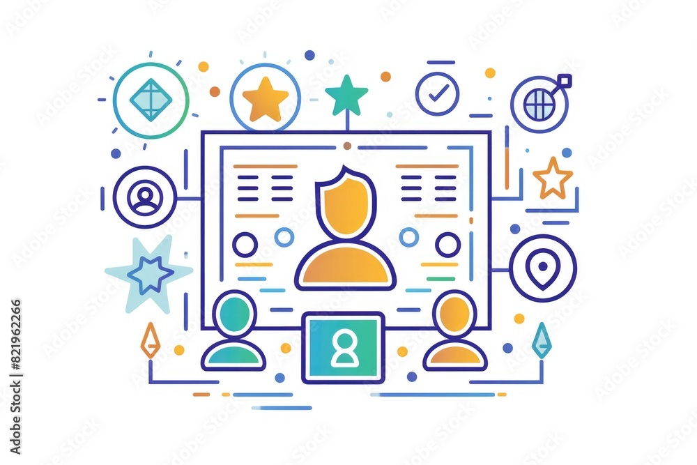 Leinwandbilder Person sitting in front of computer screen with icons around them. Suitable for technology concepts