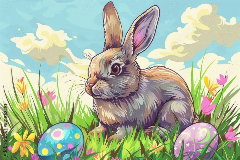 Canvas Prints A cute rabbit sitting in the grass surrounded by colorful Easter eggs. Perfect for Easter holiday designs