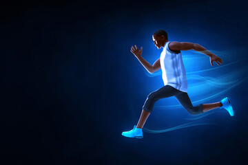 Obraz premium Young man runner jumping on dark blue smoke background, 3d illustration