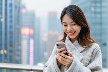 Fototapeta premium Asian girl looking at her smartphone and smiling against the background of the city