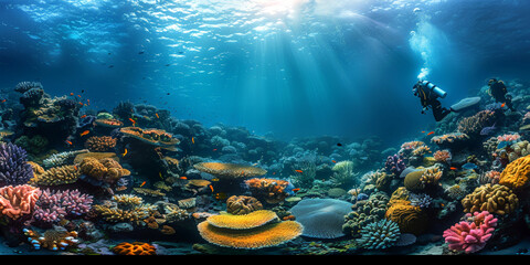 Diver exploring a vibrant coral reef underwater with sunlight filtering through water, ideal for...