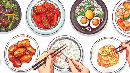 Traditional korean food cartoon collection. Plates an