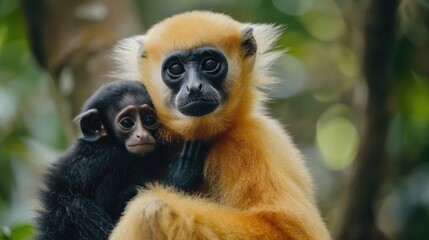 Fototapeta premium Two monkeys perched on a tree, suitable for nature and wildlife themes