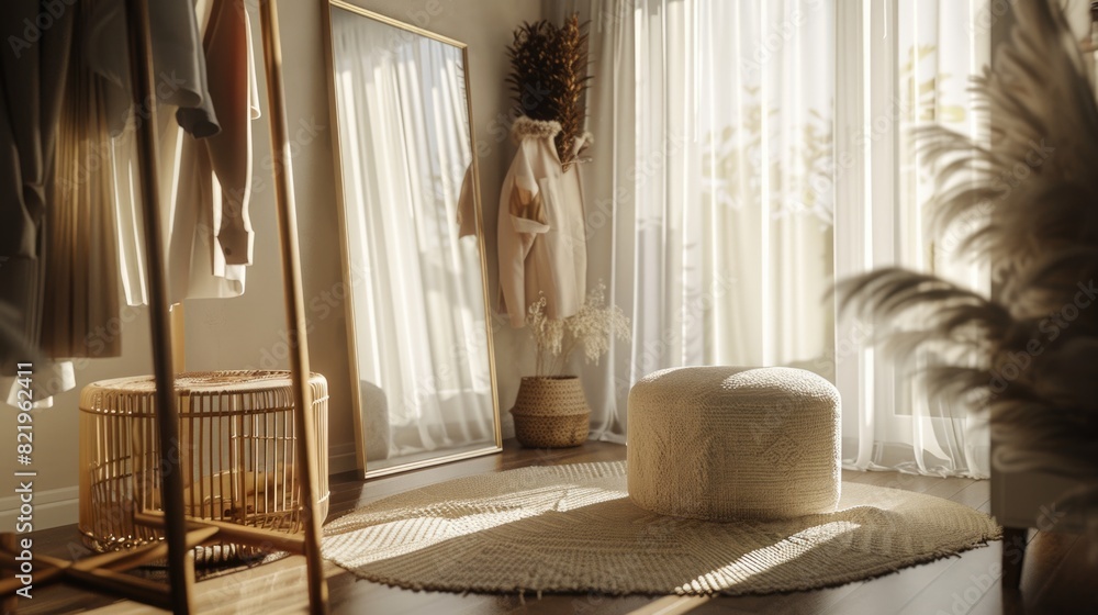Poster White hat placed on floor next to window, suitable for various concepts and themes