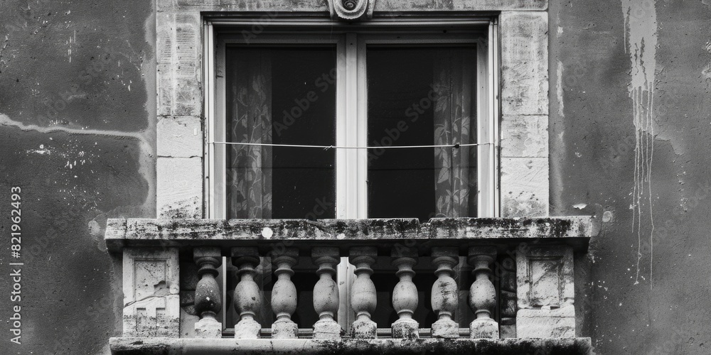Poster a black and white image of a balcony, suitable for various design projects
