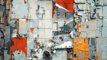 Broken collage background, cracked wall. Abstract old wallpaper