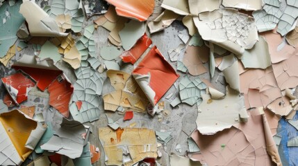 Broken collage background, cracked wall. Abstract old wallpaper