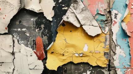 Broken collage background, cracked wall. Abstract old wallpaper