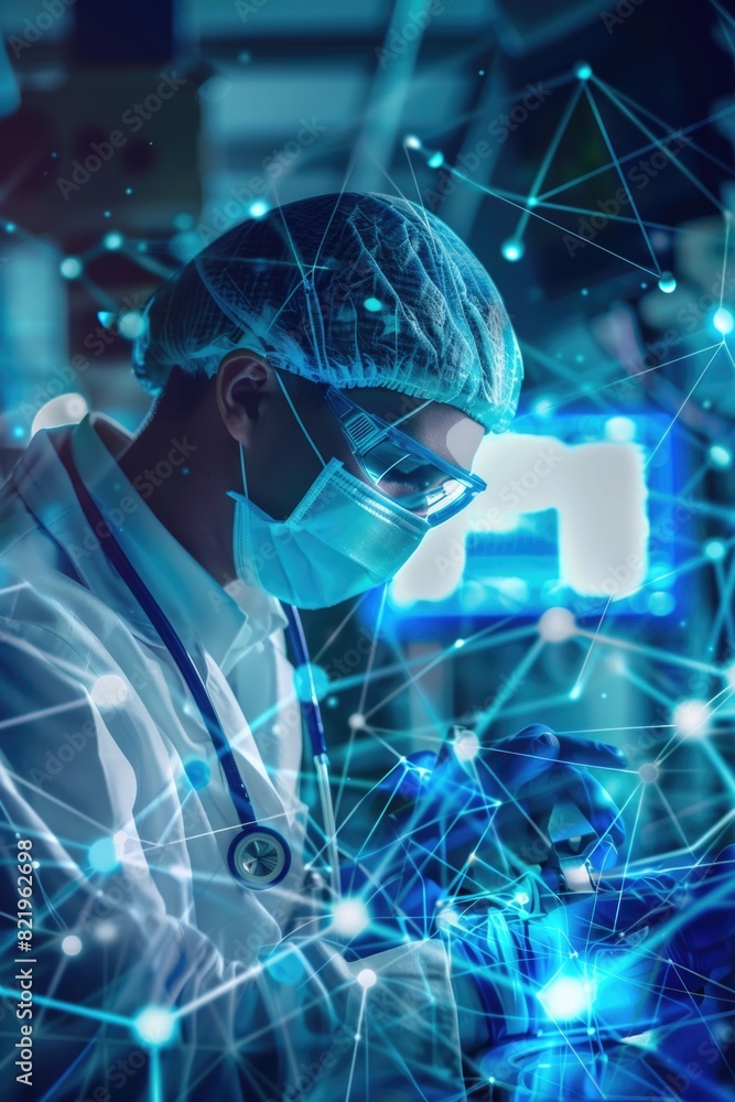 Fototapete a man in a lab coat and face mask working on a laptop. suitable for science and technology concepts