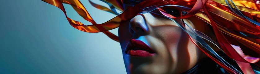 Colorful artistic portrait of a woman with vibrant makeup and ribbon accessories, highlighting creativity and fashion expression.