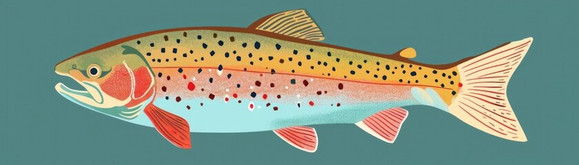Colorful illustration of a trout fish on a teal background, showcasing detailed scales and vibrant patterns. Ideal for wildlife and aquatic themes.