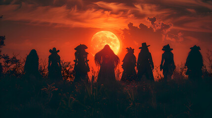 Fototapeta premium A group of friends dressed in spooky costumes, posing under the full moon on Halloween night. Focus Stacking