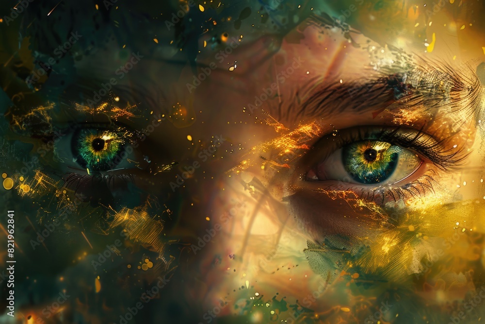 Poster close up of a person's eyes with a yellow background. suitable for various design projects