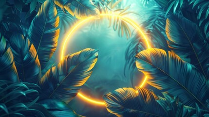 Obraz premium Neon round frame with tropical leaves and plants. Neon circle frame