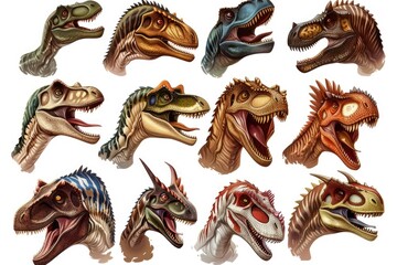 Collection of dinosaurs with mouths open, suitable for educational materials