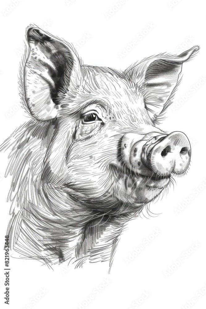Poster detailed black and white drawing of a pig. suitable for various design projects