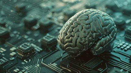 Brain halves merge with a microchip, symbolizing the fusion of biology and AI.