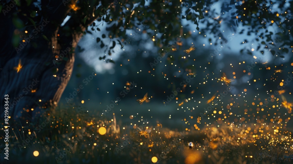 Poster fireflies illuminating a tree at night. ideal for nature or magical themes