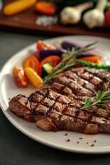 A white plate with a delicious serving of meat and vegetables. Perfect for food-related projects